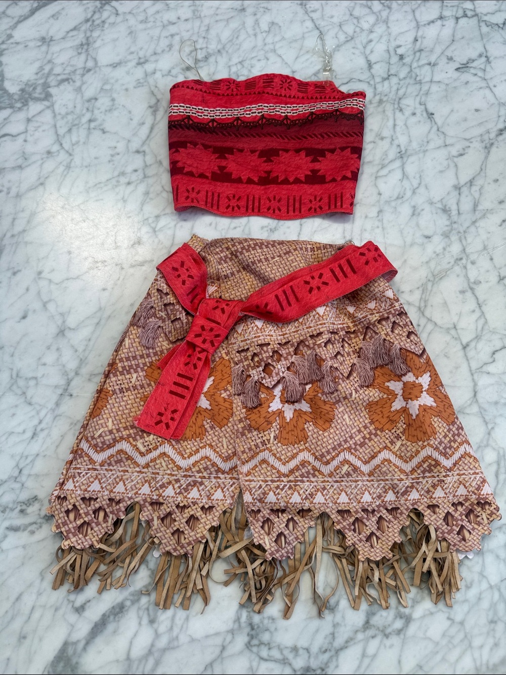 Moana Sz 4-6 Y Costume Two-Piece Tribal Crop Top & Fringe Skirt Set